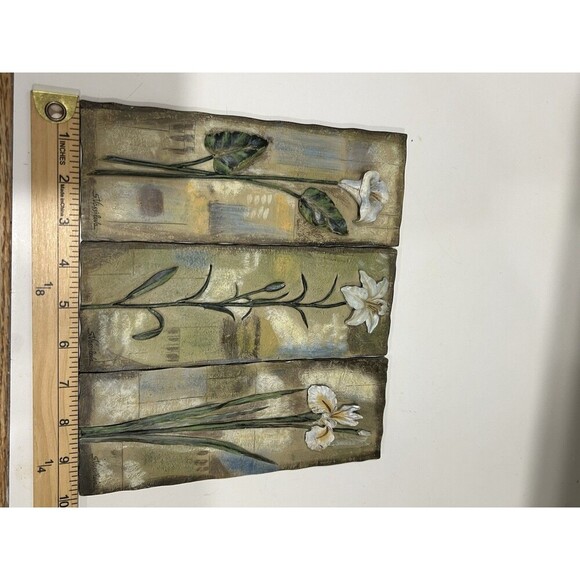 Vintage Set Of 3 Signed by S. Vassileva Relief Ceramic Flower Wall Art - 9" x 4” - Picture 9 of 9